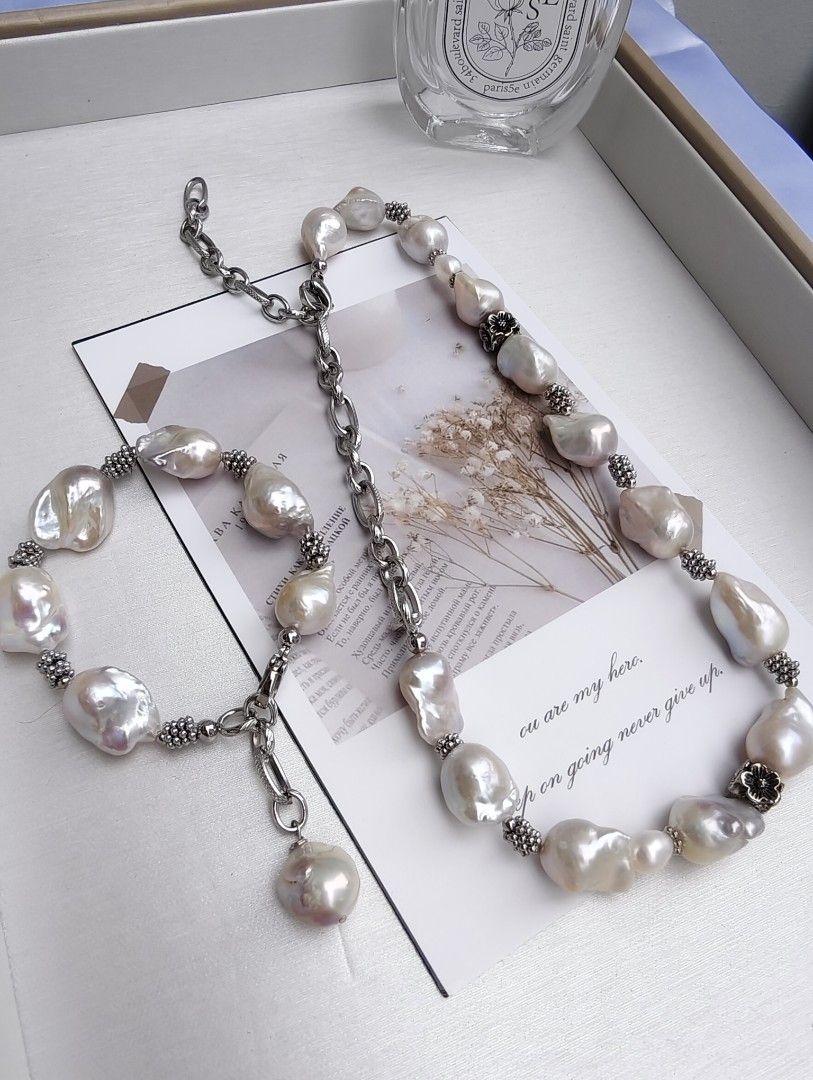 #PN1091 Freshwater Pearl Necklace & Bracelet & Earrings Set| Small Fishtail Baroque Pearl| Vintage Style| Can Connect to Wear| Half Chain| Special Treat to Yourself| Christmas Gift 💐