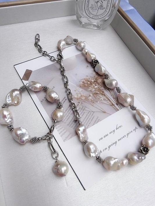 #PN1091 Freshwater Pearl Necklace & Bracelet & Earrings Set| Small Fishtail Baroque Pearl| Vintage Style| Can Connect to Wear| Half Chain| Special Treat to Yourself| Christmas Gift 💐