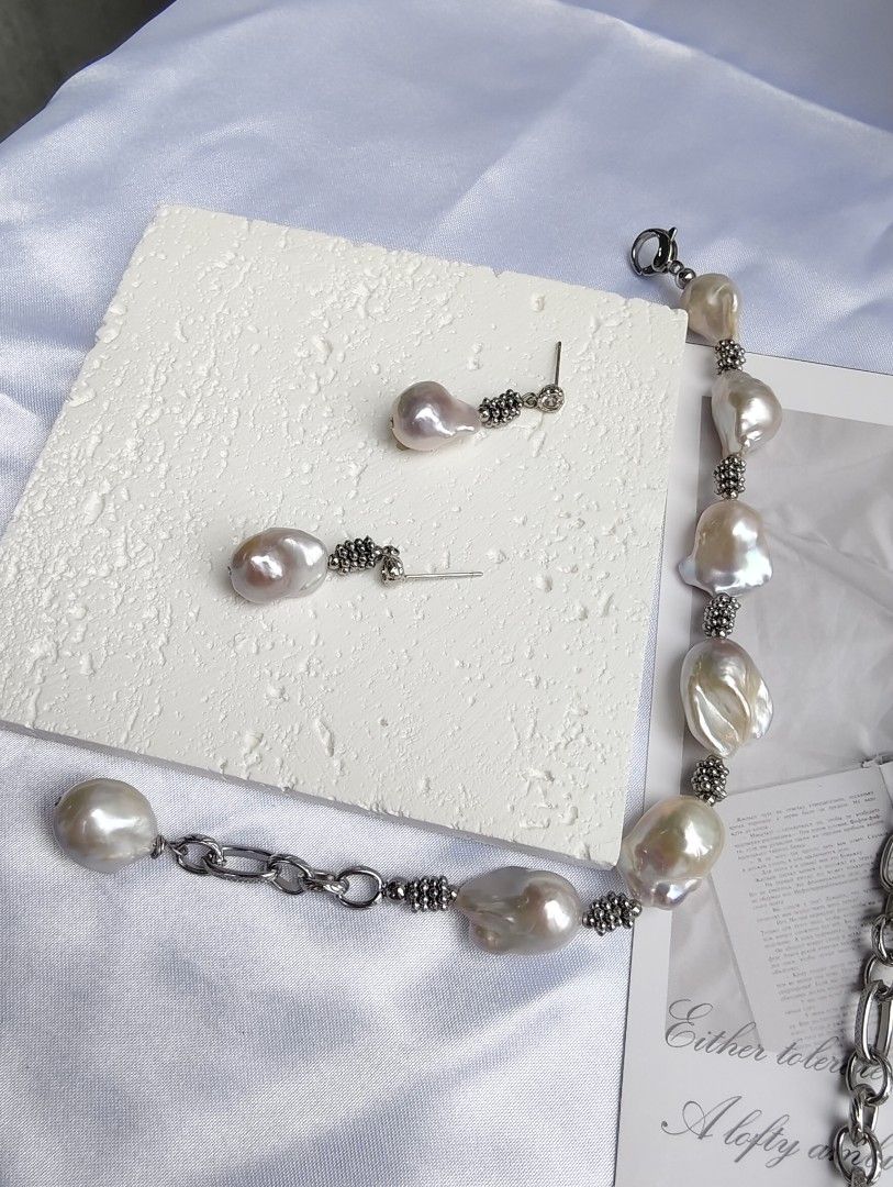 #PN1091 Freshwater Pearl Necklace & Bracelet & Earrings Set| Small Fishtail Baroque Pearl| Vintage Style| Can Connect to Wear| Half Chain| Special Treat to Yourself| Christmas Gift 💐