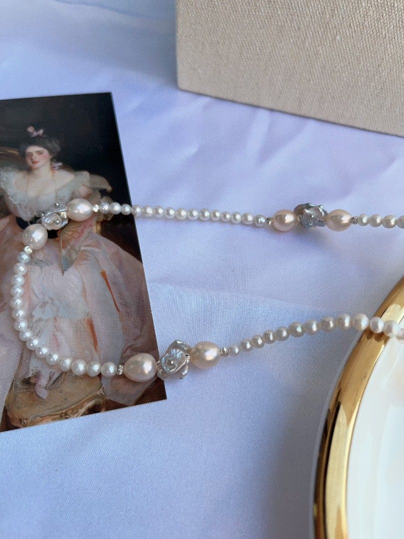 #PN1092 [Floral Series] Freshwater Pearl Necklace| 61cm| Silver-blue Petals| Champagne Lustrous Chunky Rice Baroque| Wear at Any Length| Christmas Gift 💐| To the Better You