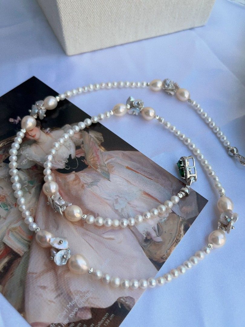 #PN1092 [Floral Series] Freshwater Pearl Necklace| 61cm| Silver-blue Petals| Champagne Lustrous Chunky Rice Baroque| Wear at Any Length| Christmas Gift 💐| To the Better You