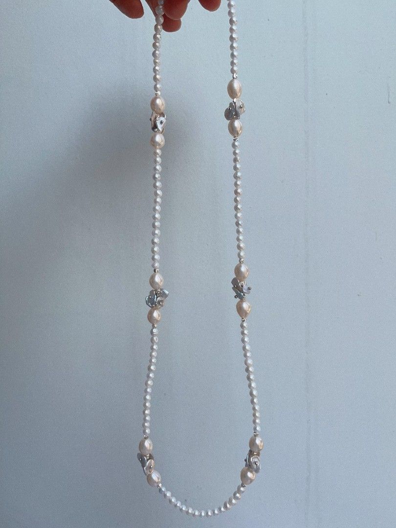 #PN1092 [Floral Series] Freshwater Pearl Necklace| 61cm| Silver-blue Petals| Champagne Lustrous Chunky Rice Baroque| Wear at Any Length| Christmas Gift 💐| To the Better You