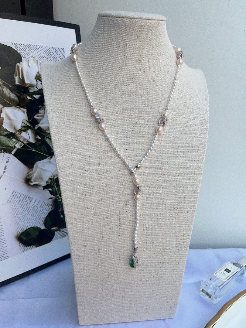 #PN1092 [Floral Series] Freshwater Pearl Necklace| 61cm| Silver-blue Petals| Champagne Lustrous Chunky Rice Baroque| Wear at Any Length| Christmas Gift 💐| To the Better You