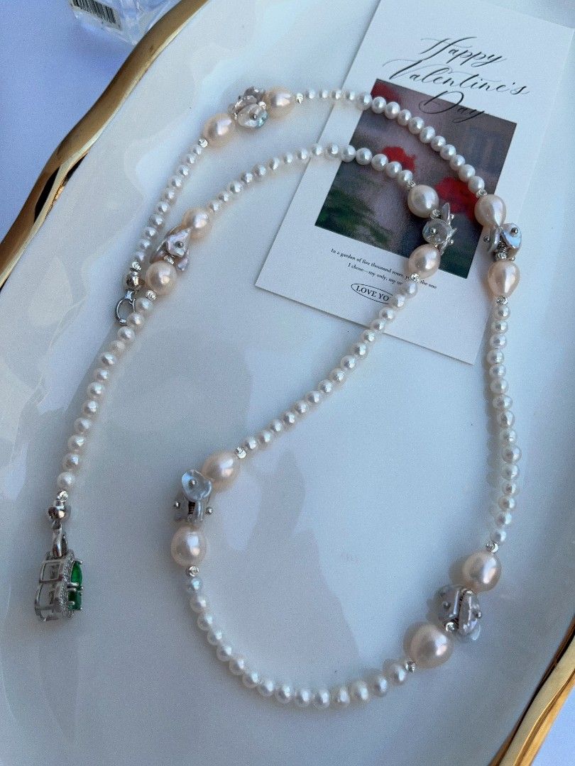 #PN1092 [Floral Series] Freshwater Pearl Necklace| 61cm| Silver-blue Petals| Champagne Lustrous Chunky Rice Baroque| Wear at Any Length| Christmas Gift 💐| To the Better You