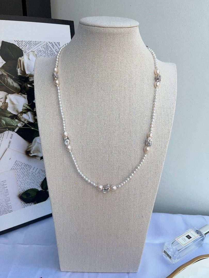 #PN1092 [Floral Series] Freshwater Pearl Necklace| 61cm| Silver-blue Petals| Champagne Lustrous Chunky Rice Baroque| Wear at Any Length| Christmas Gift 💐| To the Better You