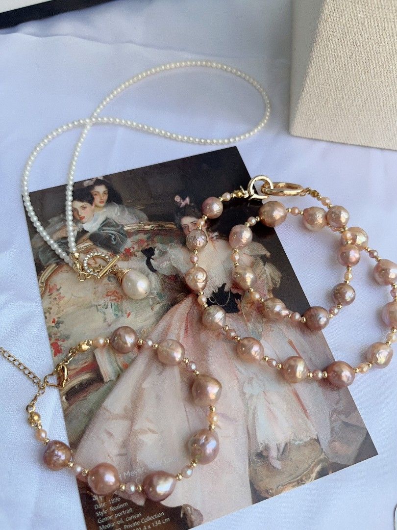 #PN1093 Freshwater Pearl Necklace & Bracelet & Earrings Set|4-pcs Set| Purple Golden Wrinkle Baroque Pearl 9-11.5mm| Metallic Lustre| 2.8mm Baby Pearl Necklace| Zircon OT Clasp Perfect Gift 🎁 To Acknowledge Yourself