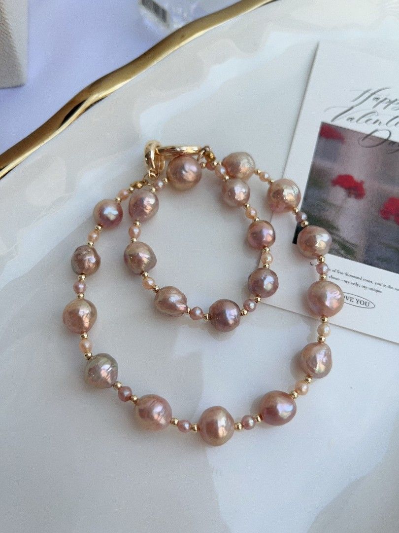 #PN1093 Freshwater Pearl Necklace & Bracelet & Earrings Set|4-pcs Set| Purple Golden Wrinkle Baroque Pearl 9-11.5mm| Metallic Lustre| 2.8mm Baby Pearl Necklace| Zircon OT Clasp Perfect Gift 🎁 To Acknowledge Yourself