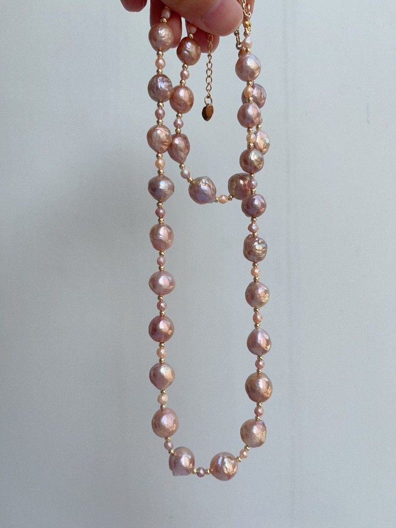 #PN1093 Freshwater Pearl Necklace & Bracelet & Earrings Set|4-pcs Set| Purple Golden Wrinkle Baroque Pearl 9-11.5mm| Metallic Lustre| 2.8mm Baby Pearl Necklace| Zircon OT Clasp Perfect Gift 🎁 To Acknowledge Yourself