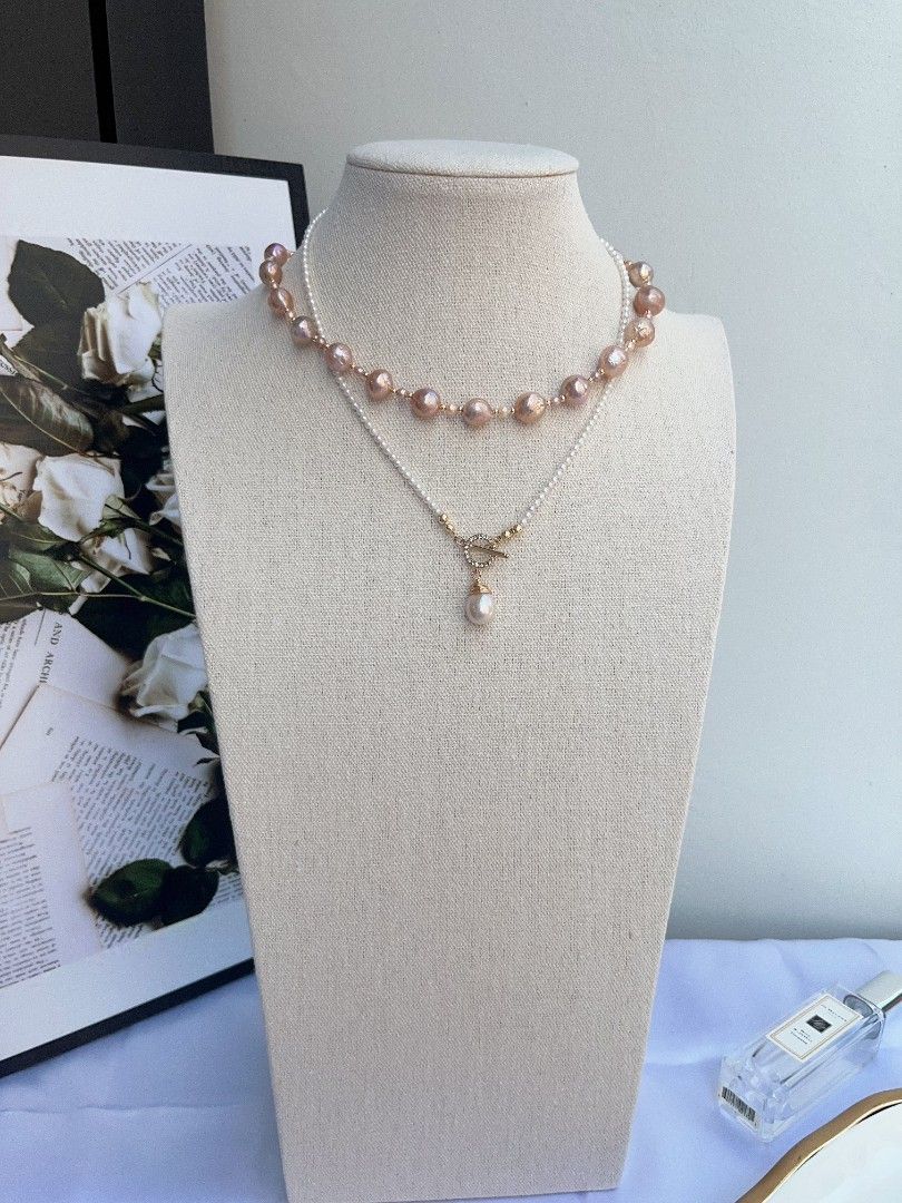 #PN1093 Freshwater Pearl Necklace & Bracelet & Earrings Set|4-pcs Set| Purple Golden Wrinkle Baroque Pearl 9-11.5mm| Metallic Lustre| 2.8mm Baby Pearl Necklace| Zircon OT Clasp Perfect Gift 🎁 To Acknowledge Yourself