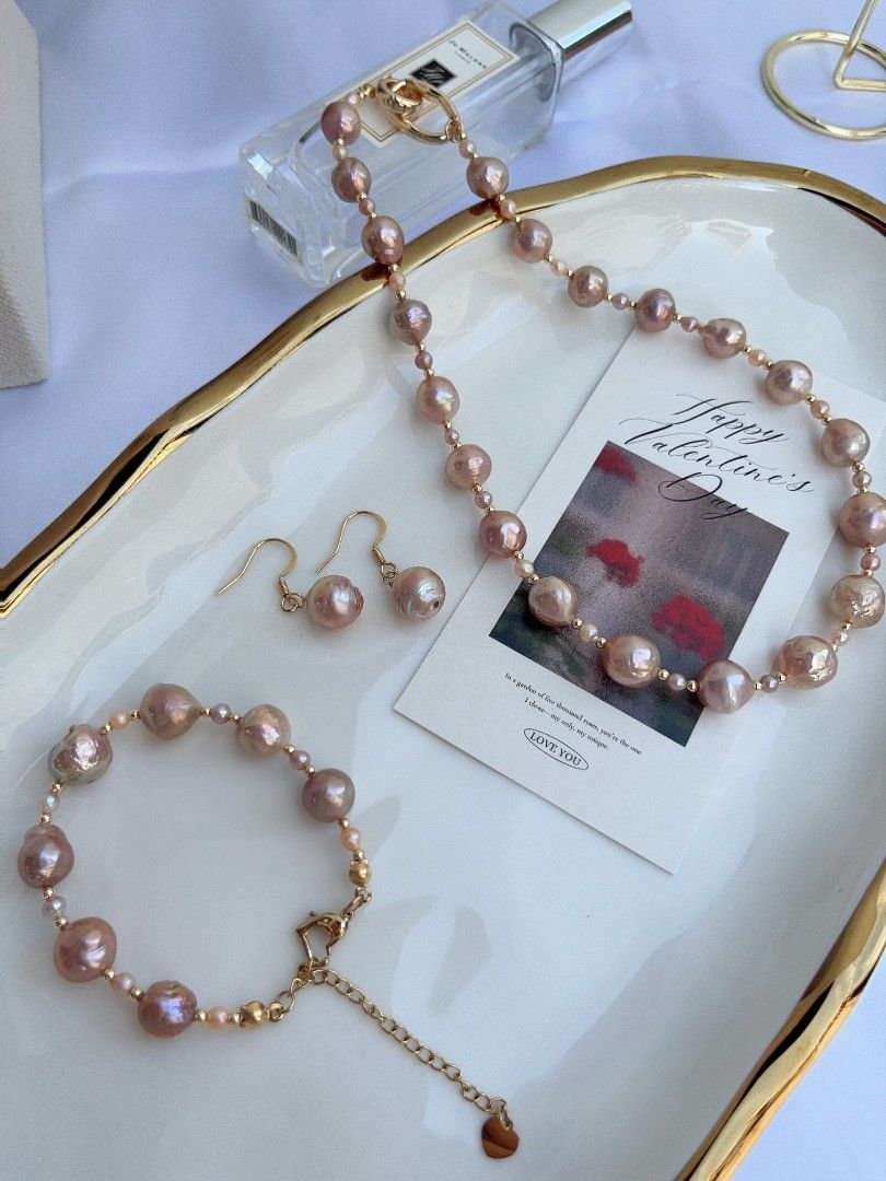 #PN1093 Freshwater Pearl Necklace & Bracelet & Earrings Set|4-pcs Set| Purple Golden Wrinkle Baroque Pearl 9-11.5mm| Metallic Lustre| 2.8mm Baby Pearl Necklace| Zircon OT Clasp Perfect Gift 🎁 To Acknowledge Yourself