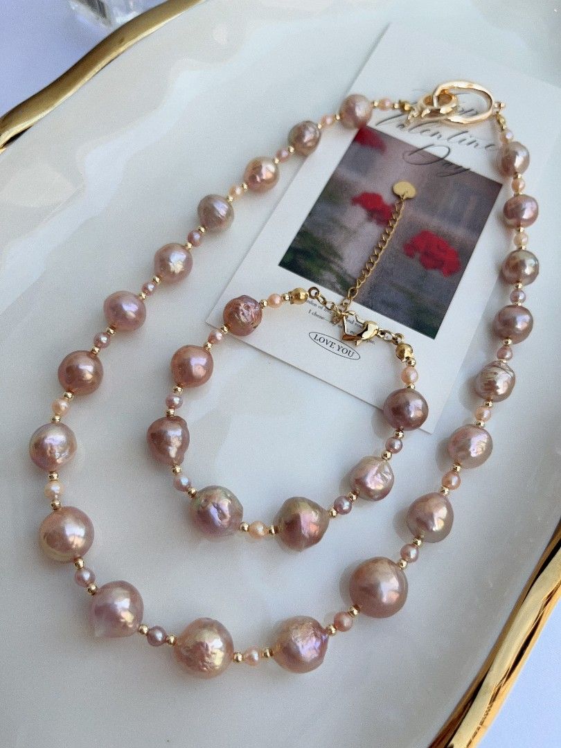 #PN1093 Freshwater Pearl Necklace & Bracelet & Earrings Set|4-pcs Set| Purple Golden Wrinkle Baroque Pearl 9-11.5mm| Metallic Lustre| 2.8mm Baby Pearl Necklace| Zircon OT Clasp Perfect Gift 🎁 To Acknowledge Yourself