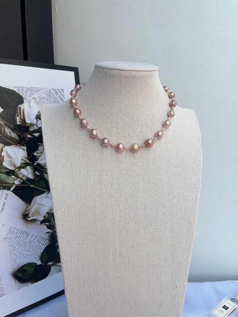 #PN1093 Freshwater Pearl Necklace & Bracelet & Earrings Set|4-pcs Set| Purple Golden Wrinkle Baroque Pearl 9-11.5mm| Metallic Lustre| 2.8mm Baby Pearl Necklace| Zircon OT Clasp Perfect Gift 🎁 To Acknowledge Yourself