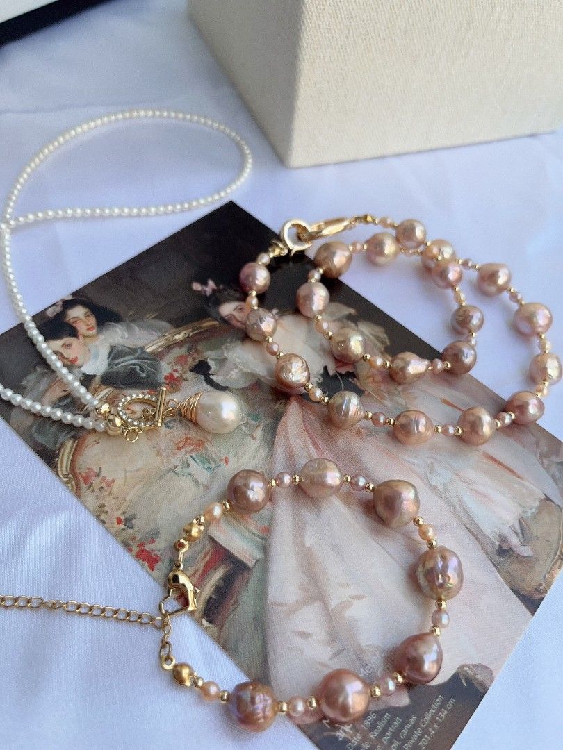 #PN1093 Freshwater Pearl Necklace & Bracelet & Earrings Set|4-pcs Set| Purple Golden Wrinkle Baroque Pearl 9-11.5mm| Metallic Lustre| 2.8mm Baby Pearl Necklace| Zircon OT Clasp Perfect Gift 🎁 To Acknowledge Yourself