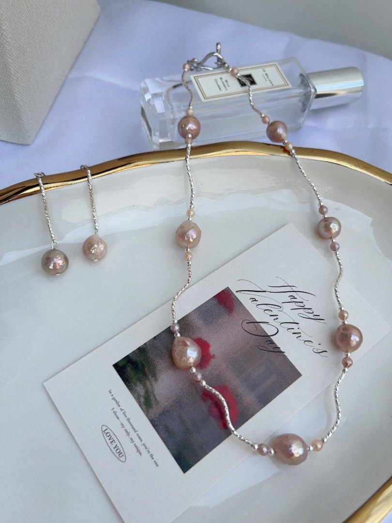 #PN1094 Freshwater Pearl Necklace & Earrings Set| 3-pc Set| Golden Purple Wrinkle Baroque Pearl| Silver Cool| Pearl-on-chain Necklace| Pink&Blue Lustre| Be Yourself| Gift 🎁 Choice