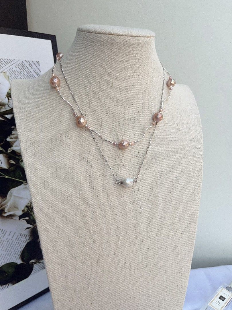 #PN1094 Freshwater Pearl Necklace & Earrings Set| 3-pc Set| Golden Purple Wrinkle Baroque Pearl| Silver Cool| Pearl-on-chain Necklace| Pink&Blue Lustre| Be Yourself| Gift 🎁 Choice