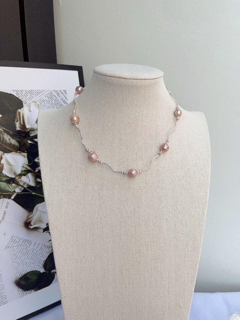 #PN1094 Freshwater Pearl Necklace & Earrings Set| 3-pc Set| Golden Purple Wrinkle Baroque Pearl| Silver Cool| Pearl-on-chain Necklace| Pink&Blue Lustre| Be Yourself| Gift 🎁 Choice