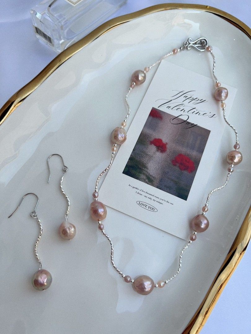 #PN1094 Freshwater Pearl Necklace & Earrings Set| 3-pc Set| Golden Purple Wrinkle Baroque Pearl| Silver Cool| Pearl-on-chain Necklace| Pink&Blue Lustre| Be Yourself| Gift 🎁 Choice