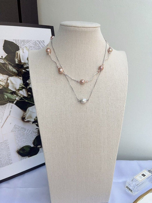 #PN1094 Freshwater Pearl Necklace & Earrings Set| 3-pc Set| Golden Purple Wrinkle Baroque Pearl| Silver Cool| Pearl-on-chain Necklace| Pink&Blue Lustre| Be Yourself| Gift 🎁 Choice