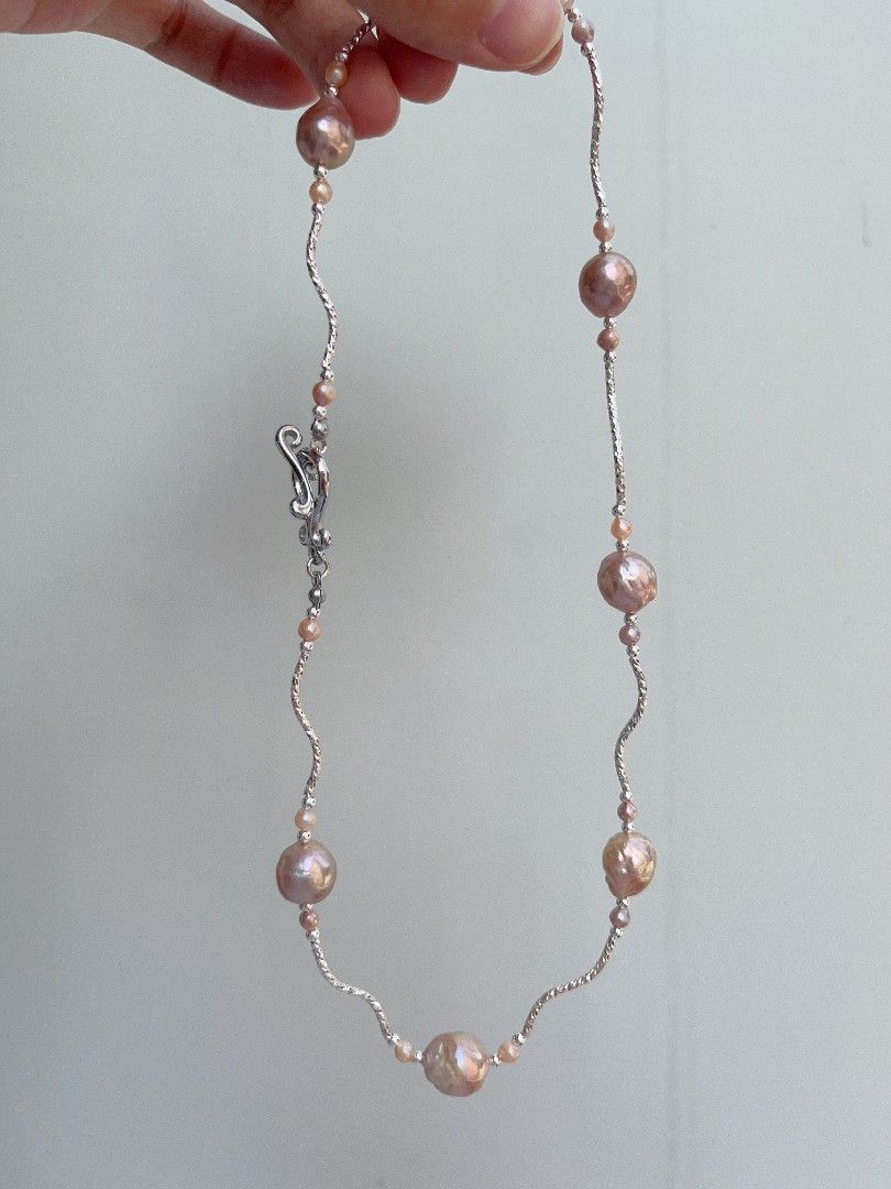 #PN1094 Freshwater Pearl Necklace & Earrings Set| 3-pc Set| Golden Purple Wrinkle Baroque Pearl| Silver Cool| Pearl-on-chain Necklace| Pink&Blue Lustre| Be Yourself| Gift 🎁 Choice