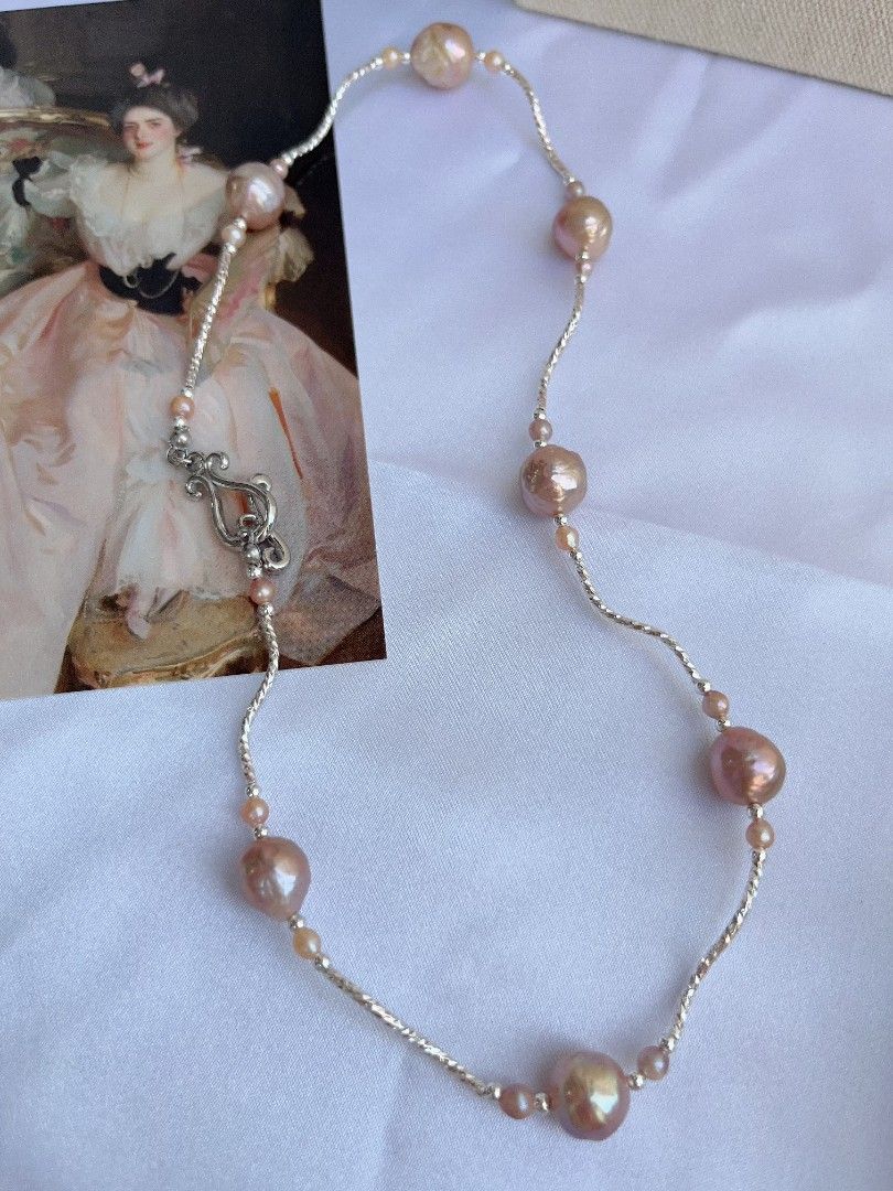 #PN1094 Freshwater Pearl Necklace & Earrings Set| 3-pc Set| Golden Purple Wrinkle Baroque Pearl| Silver Cool| Pearl-on-chain Necklace| Pink&Blue Lustre| Be Yourself| Gift 🎁 Choice