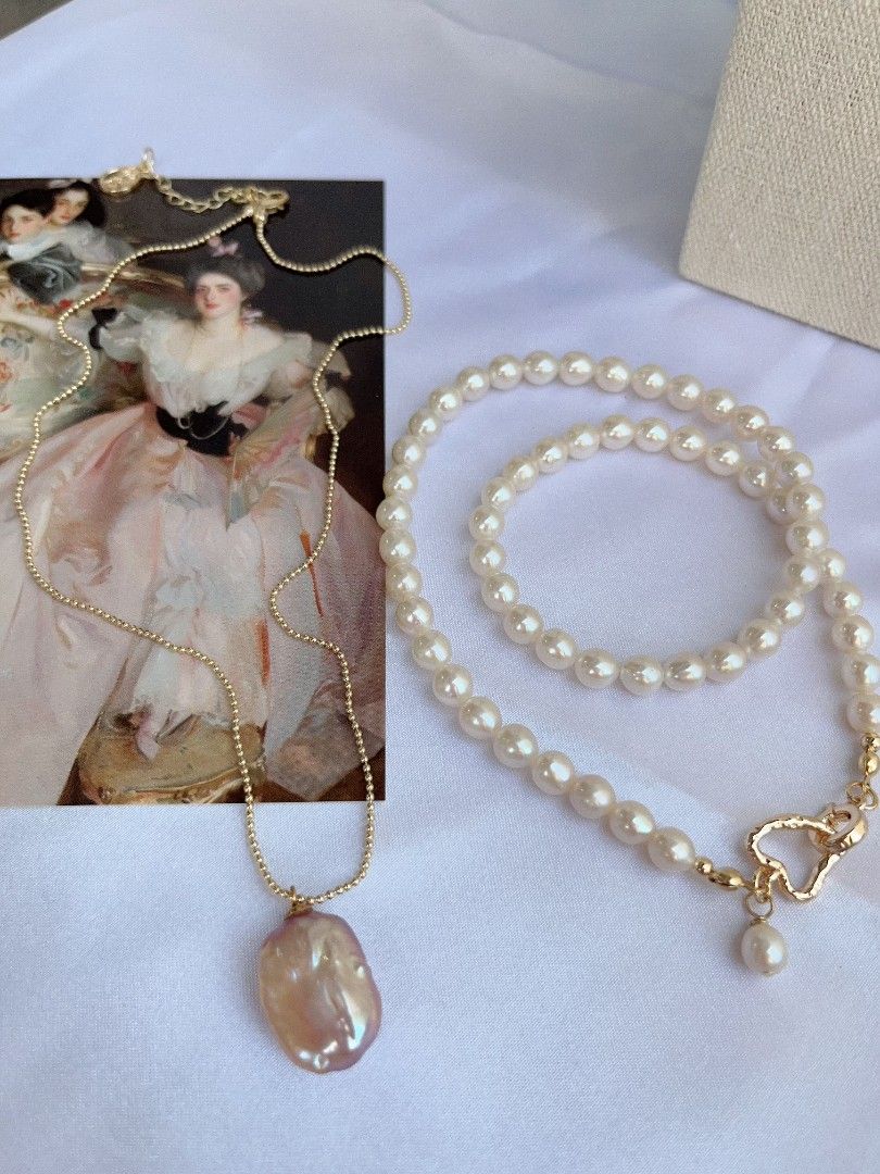 #PN1096 Freshwater Pearl Necklace Set | 2-pc Set| 6mm White Potato Shape Baroque Pearl| 14*18mm Purple Golden Square Baroque Pearl Pendant Necklace| Heart ❤️ Clasp| Anniversary Gift 🎁| You Are Beautiful