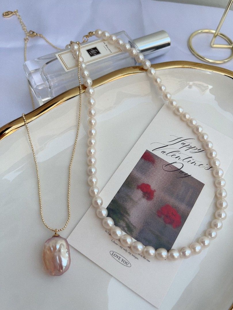 #PN1096 Freshwater Pearl Necklace Set | 2-pc Set| 6mm White Potato Shape Baroque Pearl| 14*18mm Purple Golden Square Baroque Pearl Pendant Necklace| Heart ❤️ Clasp| Anniversary Gift 🎁| You Are Beautiful