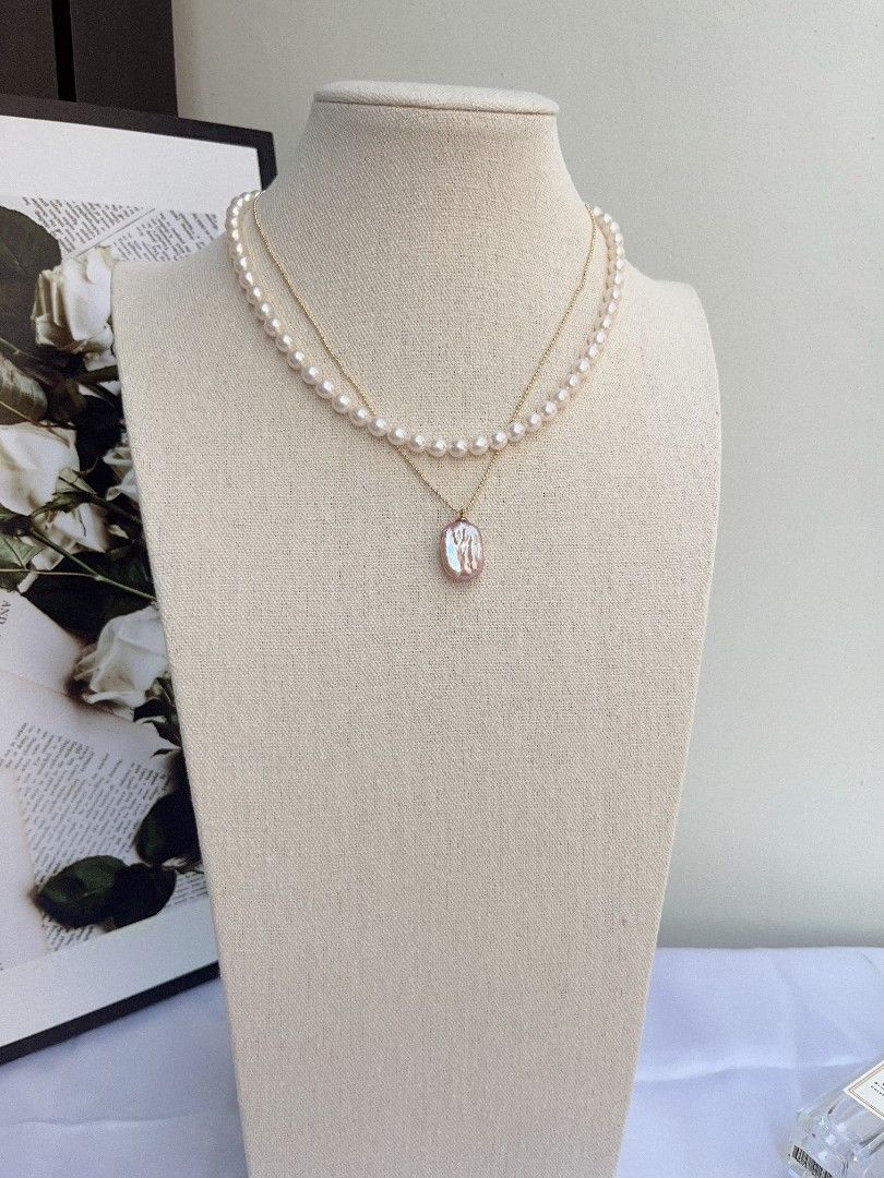 #PN1096 Freshwater Pearl Necklace Set | 2-pc Set| 6mm White Potato Shape Baroque Pearl| 14*18mm Purple Golden Square Baroque Pearl Pendant Necklace| Heart ❤️ Clasp| Anniversary Gift 🎁| You Are Beautiful