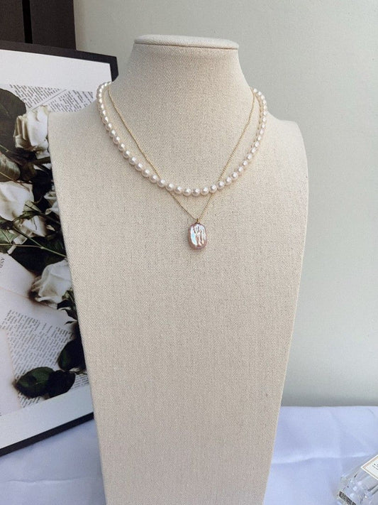 #PN1096 Freshwater Pearl Necklace Set | 2-pc Set| 6mm White Potato Shape Baroque Pearl| 14*18mm Purple Golden Square Baroque Pearl Pendant Necklace| Heart ❤️ Clasp| Anniversary Gift 🎁| You Are Beautiful