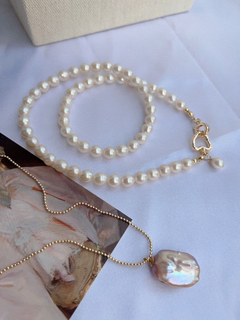#PN1096 Freshwater Pearl Necklace Set | 2-pc Set| 6mm White Potato Shape Baroque Pearl| 14*18mm Purple Golden Square Baroque Pearl Pendant Necklace| Heart ❤️ Clasp| Anniversary Gift 🎁| You Are Beautiful