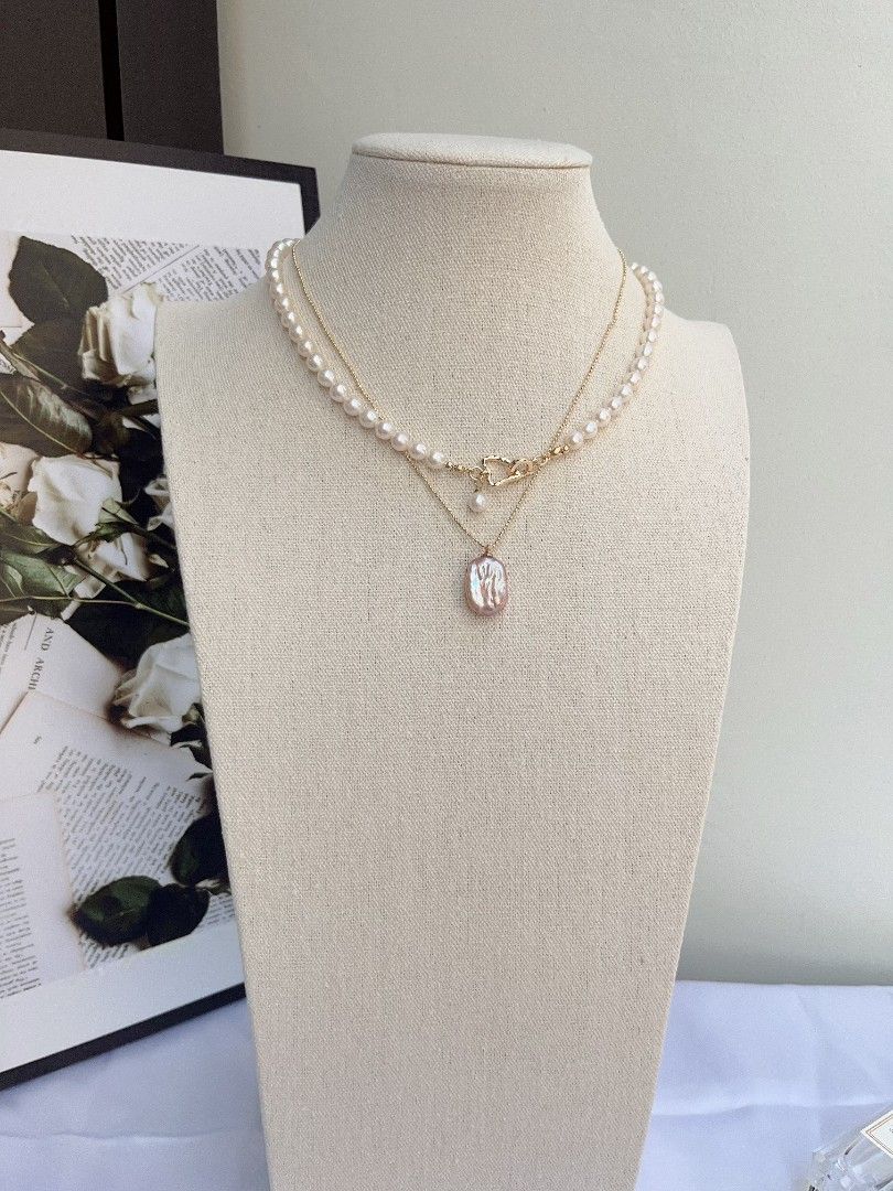 #PN1096 Freshwater Pearl Necklace Set | 2-pc Set| 6mm White Potato Shape Baroque Pearl| 14*18mm Purple Golden Square Baroque Pearl Pendant Necklace| Heart ❤️ Clasp| Anniversary Gift 🎁| You Are Beautiful