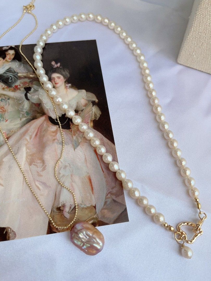 #PN1096 Freshwater Pearl Necklace Set | 2-pc Set| 6mm White Potato Shape Baroque Pearl| 14*18mm Purple Golden Square Baroque Pearl Pendant Necklace| Heart ❤️ Clasp| Anniversary Gift 🎁| You Are Beautiful