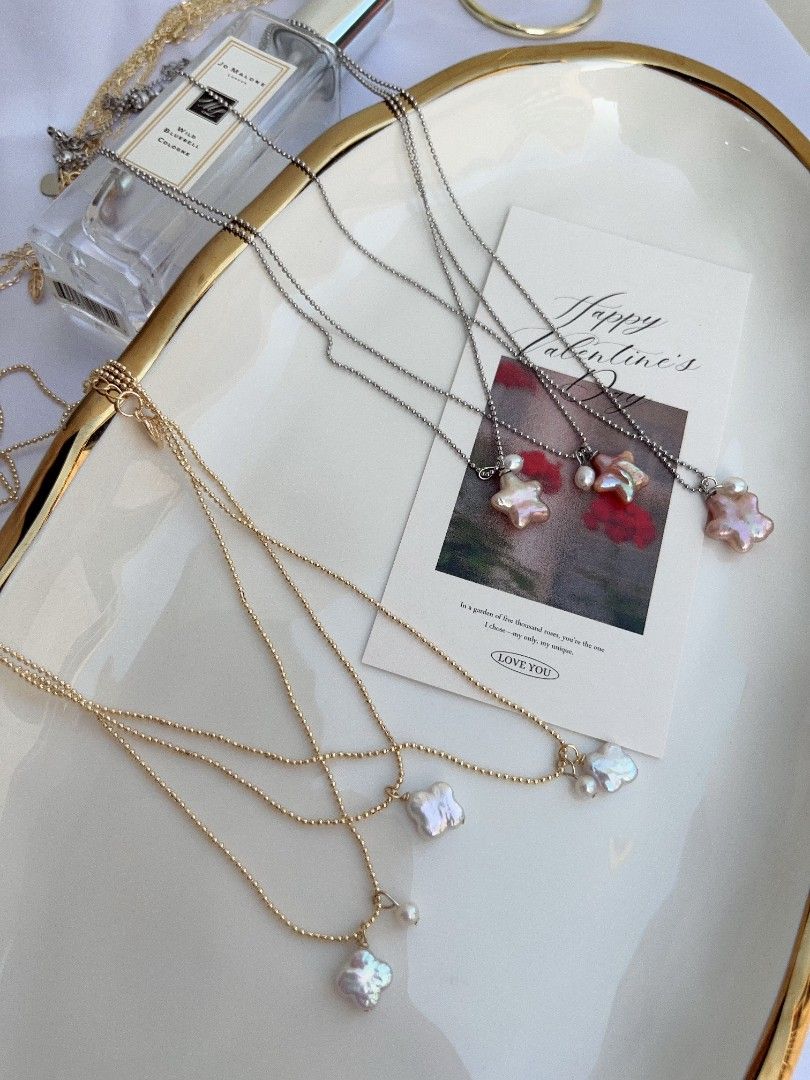 #PN1097 Freshwater Pearl Necklace|Star ⭐, Clover 🍀 Shape Baroque Pearl Pendant Necklace| Lustrous| Beads Chain| Simplicity Gives Elegance| Birthday Gift 🎁