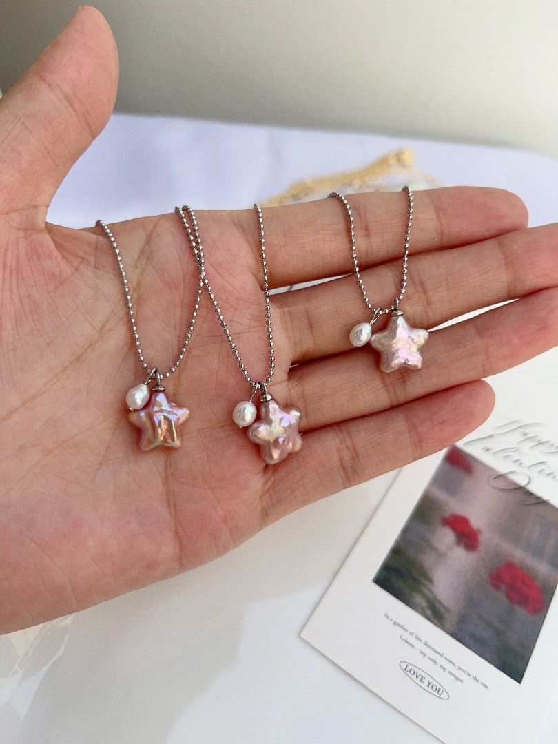 #PN1097 Freshwater Pearl Necklace|Star ⭐, Clover 🍀 Shape Baroque Pearl Pendant Necklace| Lustrous| Beads Chain| Simplicity Gives Elegance| Birthday Gift 🎁