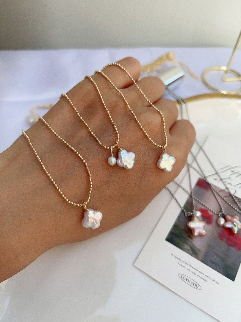 #PN1097 Freshwater Pearl Necklace|Star ⭐, Clover 🍀 Shape Baroque Pearl Pendant Necklace| Lustrous| Beads Chain| Simplicity Gives Elegance| Birthday Gift 🎁