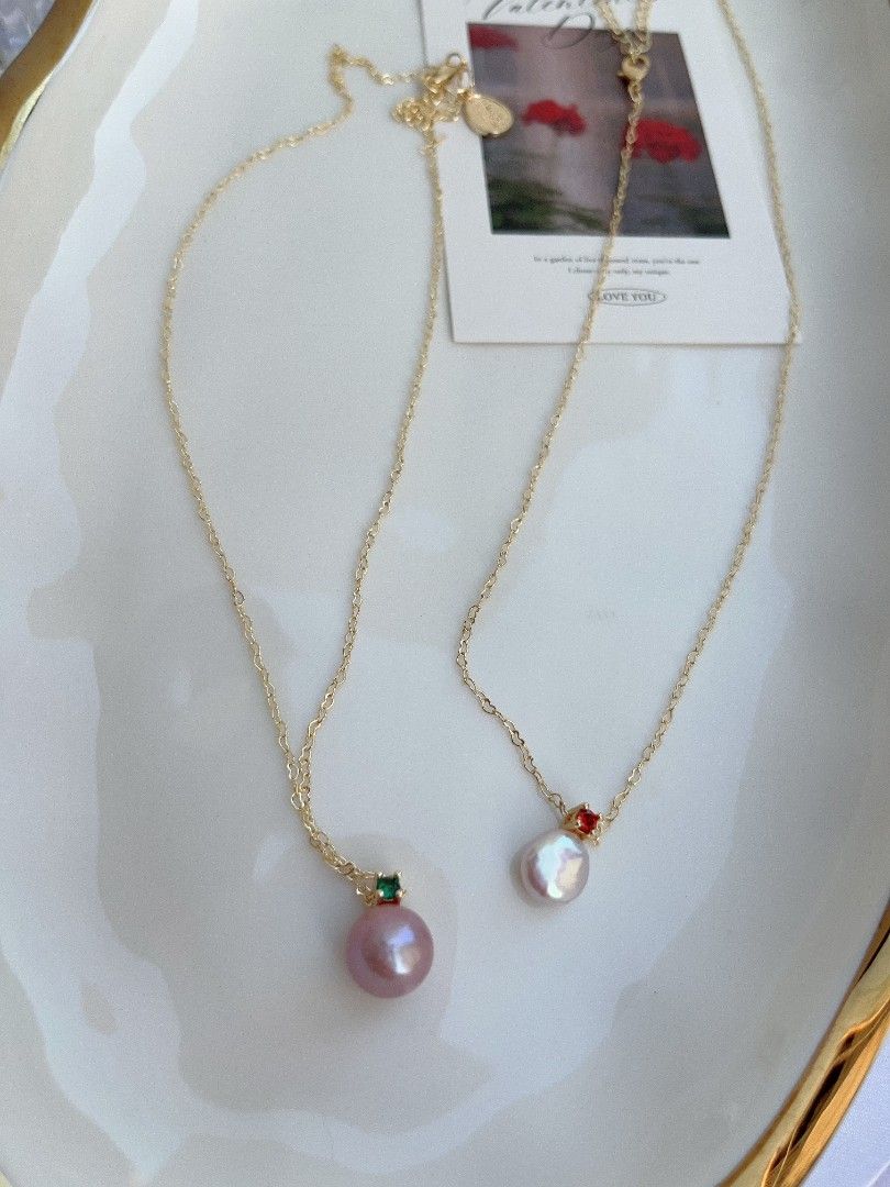 #PN1098 Freshwater Pearl Necklace| Zircon| 9mm Lustrous Coin Pearl| 10.5mm Purple Baroque Pearl| Heart ❣️ Shaped Chain| Pendant Necklace| Birthday Gift 🎁| Delicate & Dainty