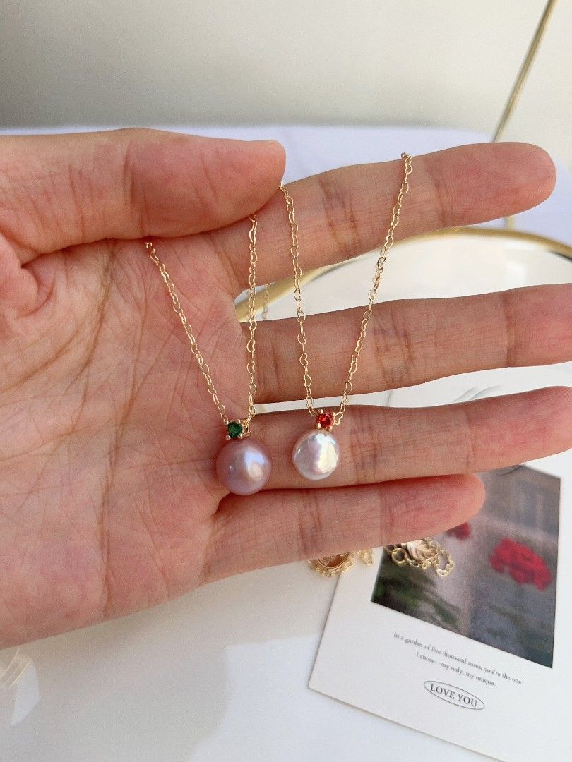 #PN1098 Freshwater Pearl Necklace| Zircon| 9mm Lustrous Coin Pearl| 10.5mm Purple Baroque Pearl| Heart ❣️ Shaped Chain| Pendant Necklace| Birthday Gift 🎁| Delicate & Dainty