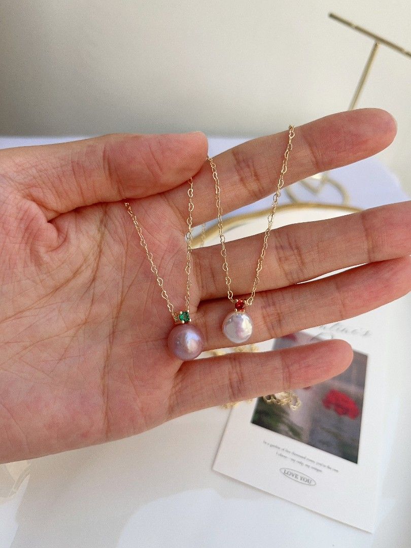 #PN1098 Freshwater Pearl Necklace| Zircon| 9mm Lustrous Coin Pearl| 10.5mm Purple Baroque Pearl| Heart ❣️ Shaped Chain| Pendant Necklace| Birthday Gift 🎁| Delicate & Dainty