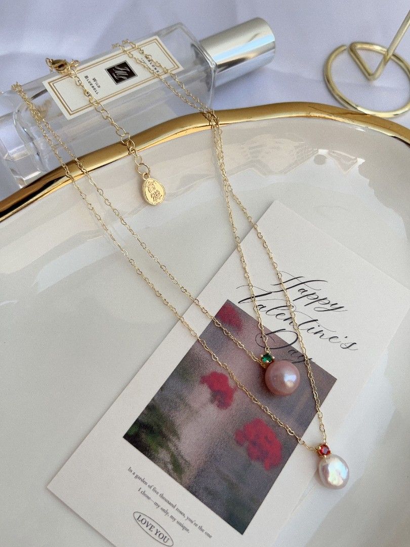 #PN1098 Freshwater Pearl Necklace| Zircon| 9mm Lustrous Coin Pearl| 10.5mm Purple Baroque Pearl| Heart ❣️ Shaped Chain| Pendant Necklace| Birthday Gift 🎁| Delicate & Dainty