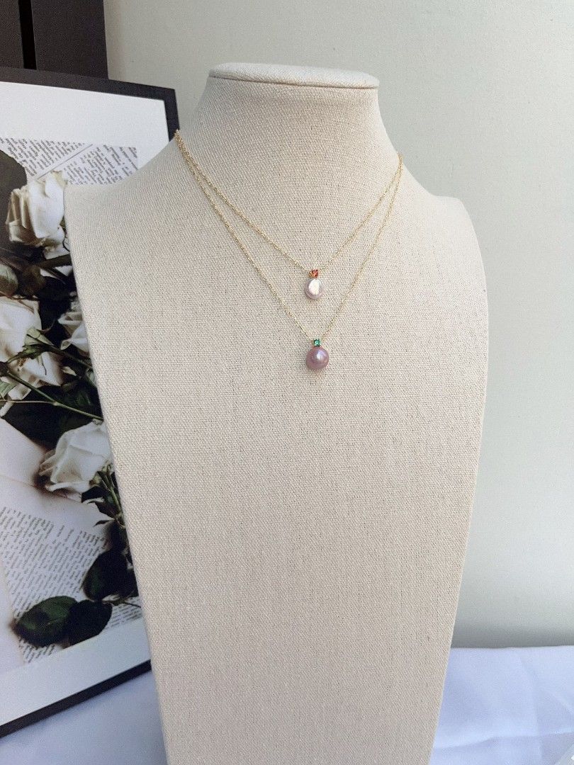 #PN1098 Freshwater Pearl Necklace| Zircon| 9mm Lustrous Coin Pearl| 10.5mm Purple Baroque Pearl| Heart ❣️ Shaped Chain| Pendant Necklace| Birthday Gift 🎁| Delicate & Dainty
