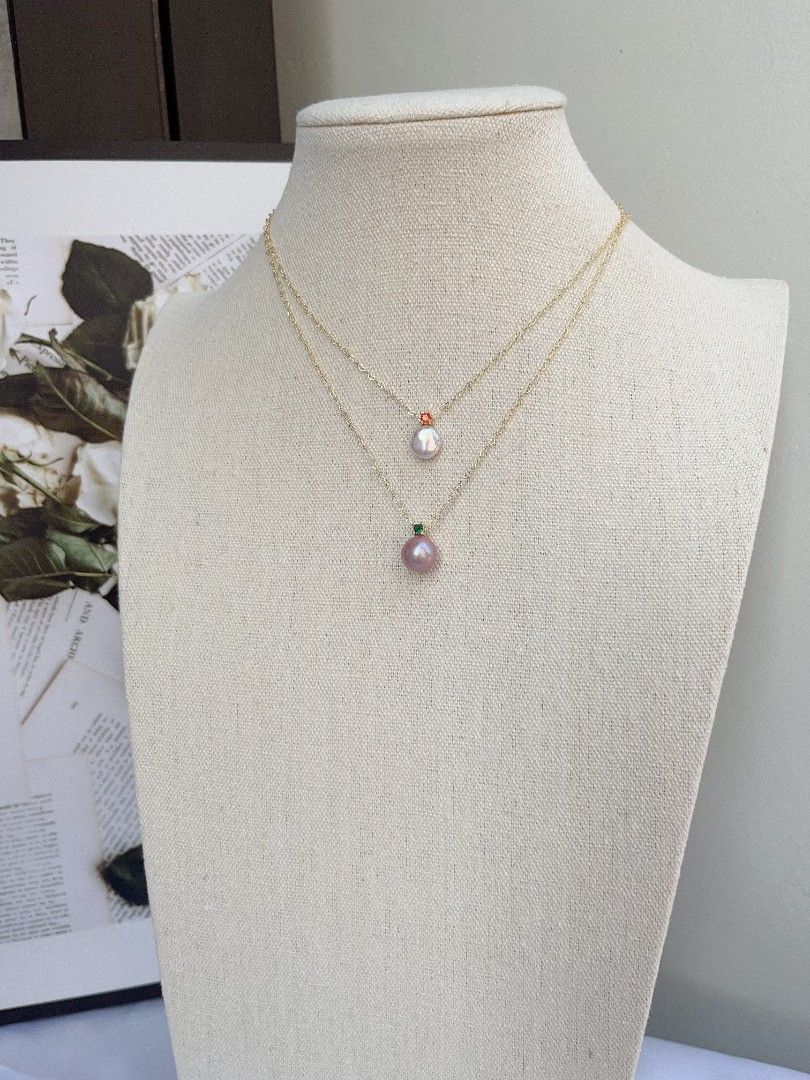 #PN1098 Freshwater Pearl Necklace| Zircon| 9mm Lustrous Coin Pearl| 10.5mm Purple Baroque Pearl| Heart ❣️ Shaped Chain| Pendant Necklace| Birthday Gift 🎁| Delicate & Dainty