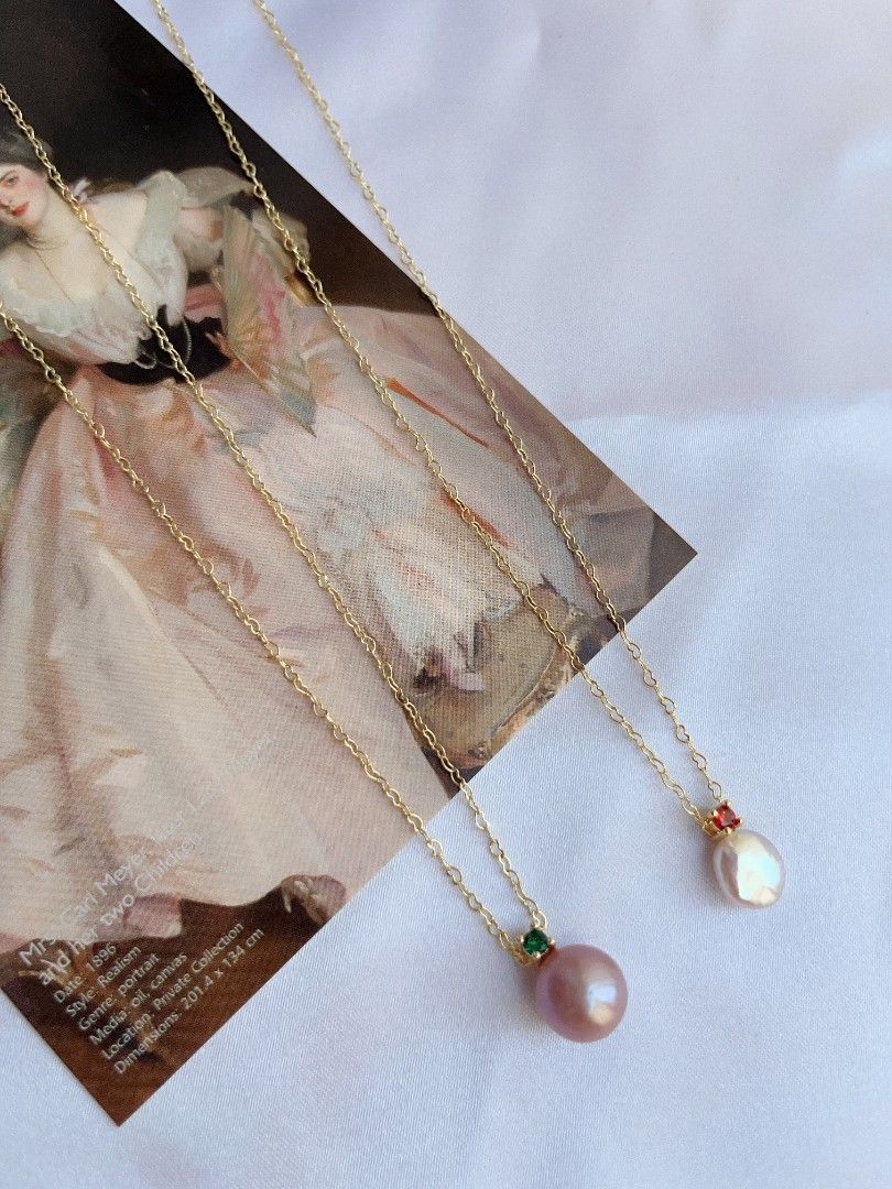 #PN1098 Freshwater Pearl Necklace| Zircon| 9mm Lustrous Coin Pearl| 10.5mm Purple Baroque Pearl| Heart ❣️ Shaped Chain| Pendant Necklace| Birthday Gift 🎁| Delicate & Dainty