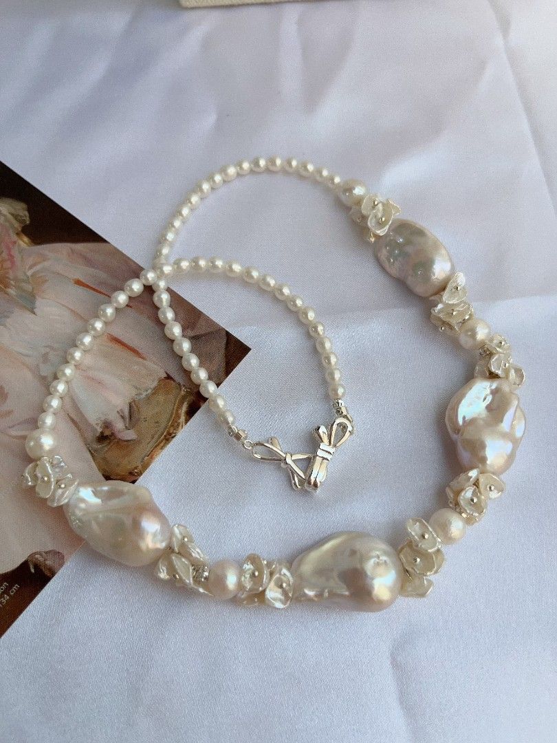 #PN1100 [Floral Series] Freshwater Pearl Necklace| 45cm| Light Pink Lustre White Fishtail Baroque Pearl| Superb Lustre| Petals Design| For Special Occasion| To Match Your Aura