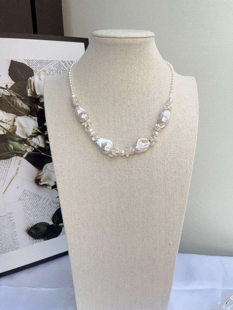 #PN1100 [Floral Series] Freshwater Pearl Necklace| 45cm| Light Pink Lustre White Fishtail Baroque Pearl| Superb Lustre| Petals Design| For Special Occasion| To Match Your Aura