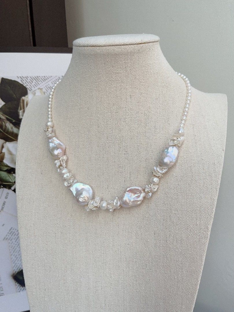 #PN1100 [Floral Series] Freshwater Pearl Necklace| 45cm| Light Pink Lustre White Fishtail Baroque Pearl| Superb Lustre| Petals Design| For Special Occasion| To Match Your Aura