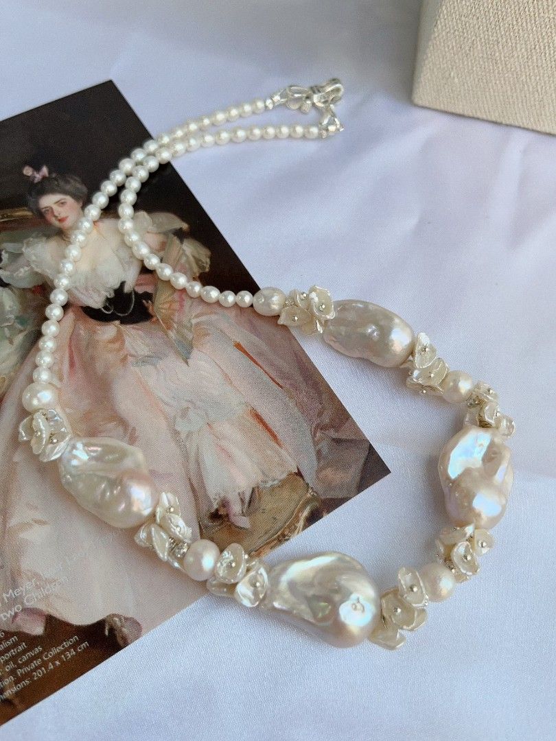 #PN1100 [Floral Series] Freshwater Pearl Necklace| 45cm| Light Pink Lustre White Fishtail Baroque Pearl| Superb Lustre| Petals Design| For Special Occasion| To Match Your Aura