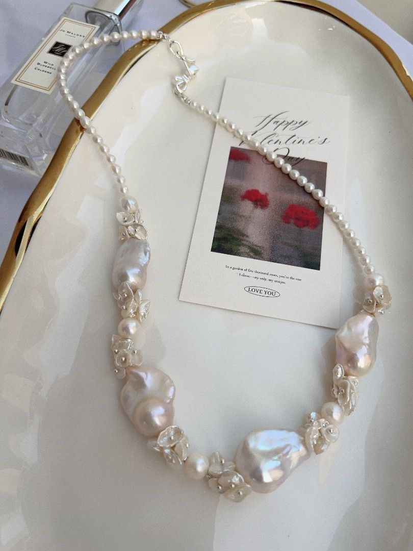#PN1100 [Floral Series] Freshwater Pearl Necklace| 45cm| Light Pink Lustre White Fishtail Baroque Pearl| Superb Lustre| Petals Design| For Special Occasion| To Match Your Aura