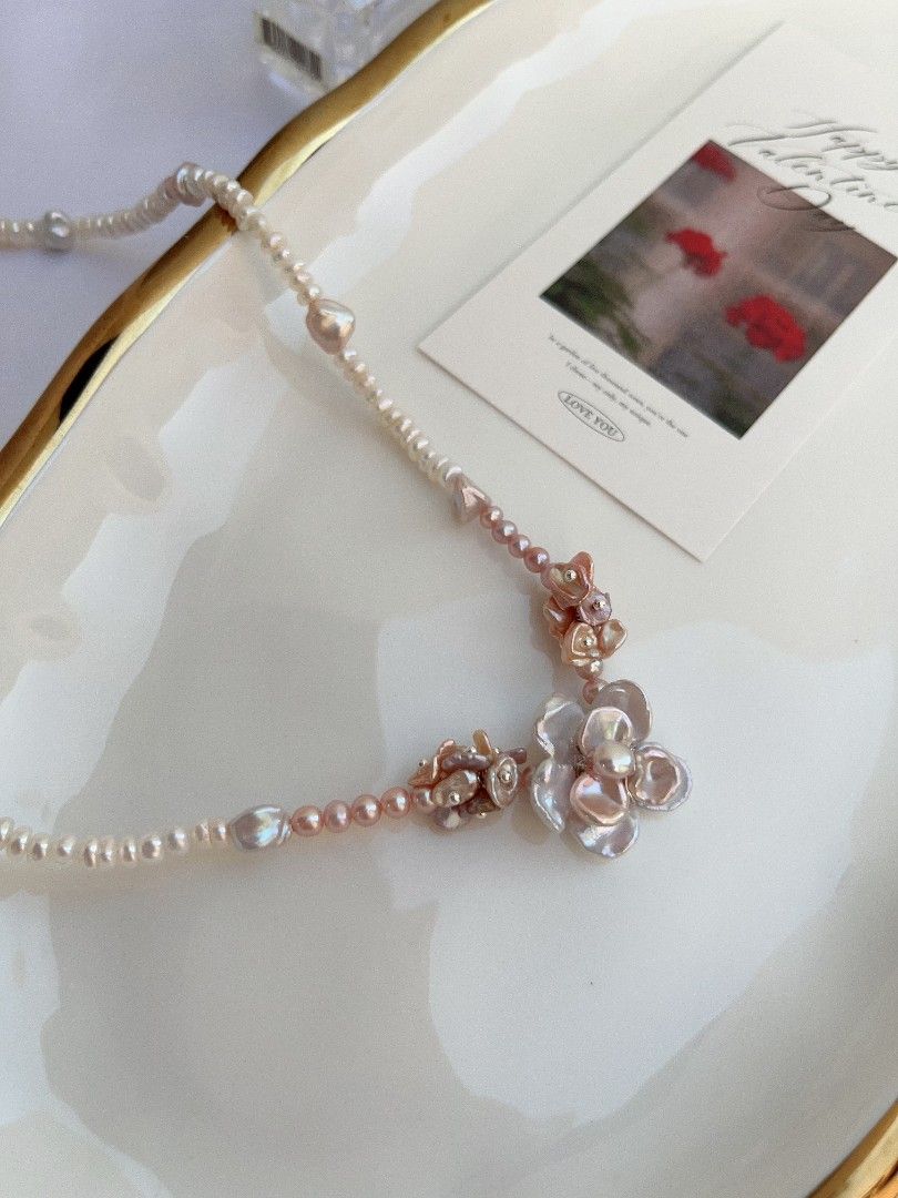 #PN1101 [Floral Series] Freshwater Pearl Necklace| Silver-pink Lustre Two-layer Flower| Stone Shape Baroque| Abacus Baby Pearl| Pink Purple Petals| 43+5cm| Summer Garden