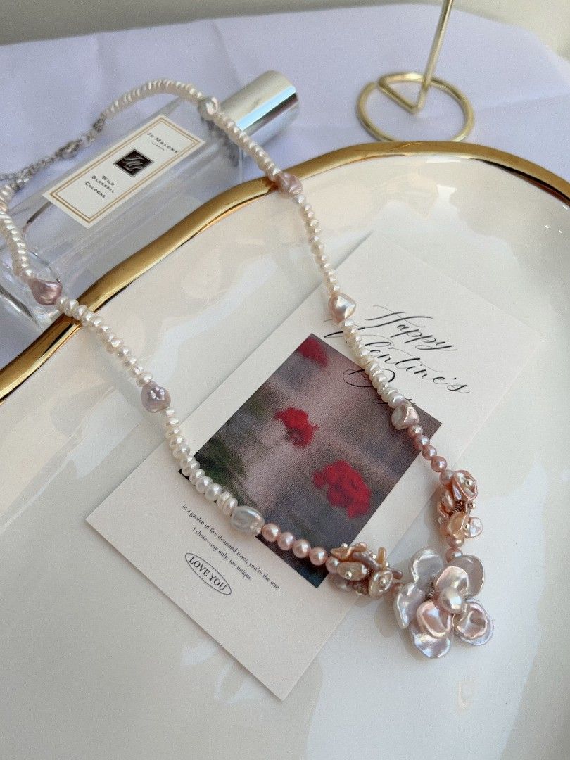 #PN1101 [Floral Series] Freshwater Pearl Necklace| Silver-pink Lustre Two-layer Flower| Stone Shape Baroque| Abacus Baby Pearl| Pink Purple Petals| 43+5cm| Summer Garden