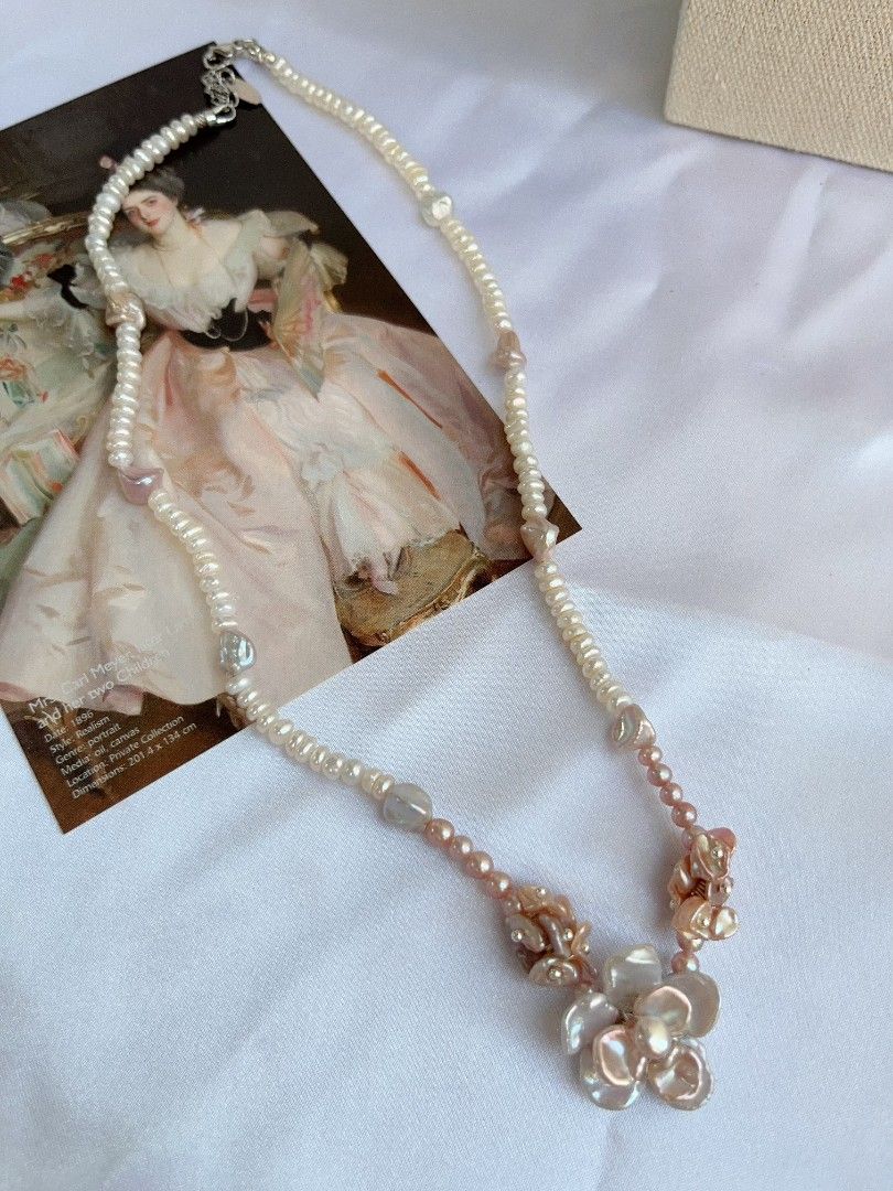 #PN1101 [Floral Series] Freshwater Pearl Necklace| Silver-pink Lustre Two-layer Flower| Stone Shape Baroque| Abacus Baby Pearl| Pink Purple Petals| 43+5cm| Summer Garden