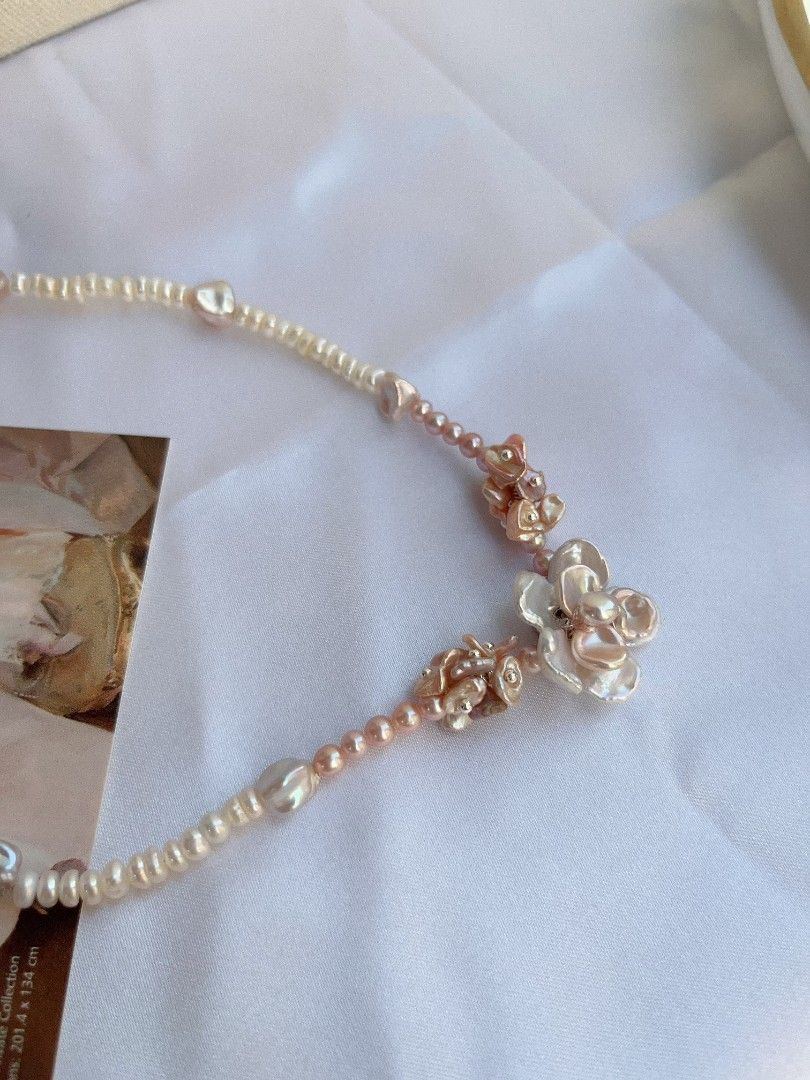#PN1101 [Floral Series] Freshwater Pearl Necklace| Silver-pink Lustre Two-layer Flower| Stone Shape Baroque| Abacus Baby Pearl| Pink Purple Petals| 43+5cm| Summer Garden